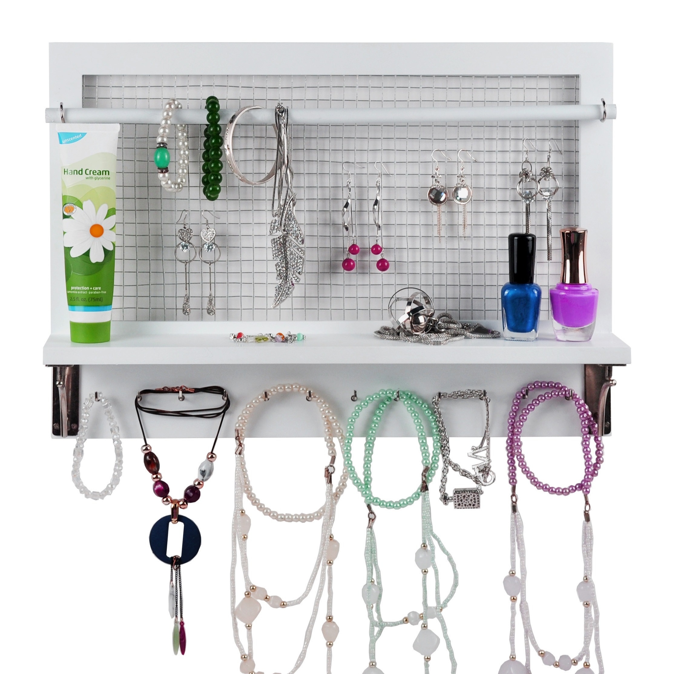 Spiretro Organizador de joyas blanco, soporte para joyas de montaje en  pared con estante de ganchos y barra extraíble para colgar aretes,  collares