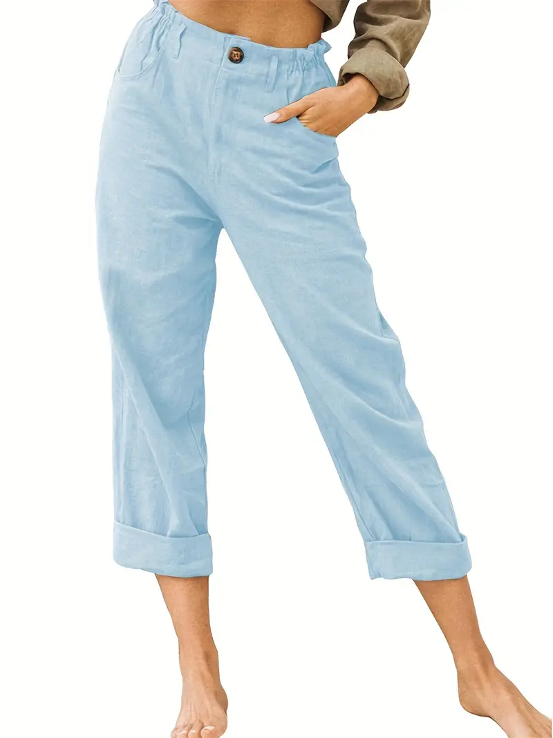 Plus Size Casual Pants Women's Plus Solid Button Front High - Temu Canada