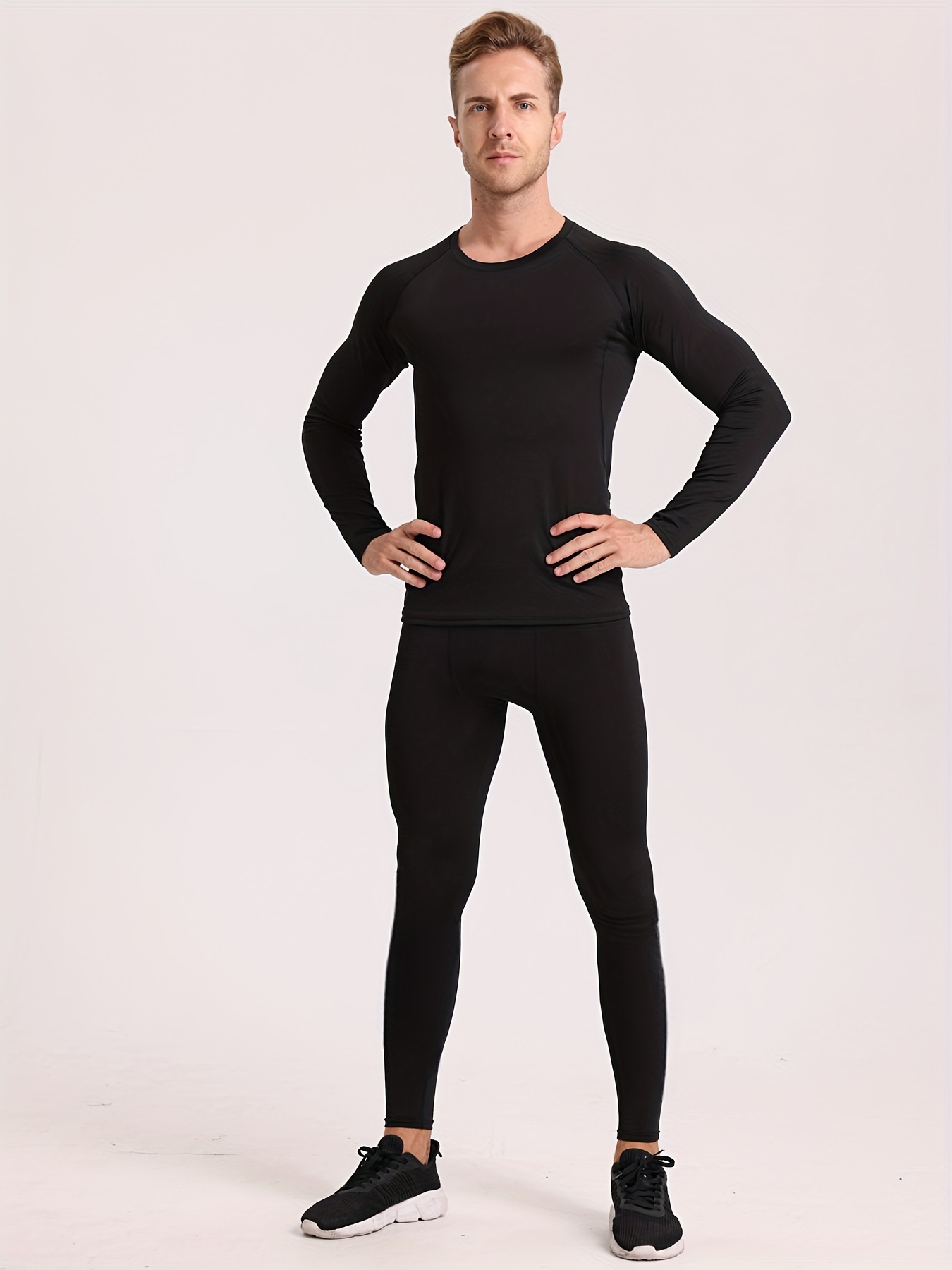 Men Thermal Underwear Set Long Johns Full Sleeve Base Layer Set Top Bottom  Black