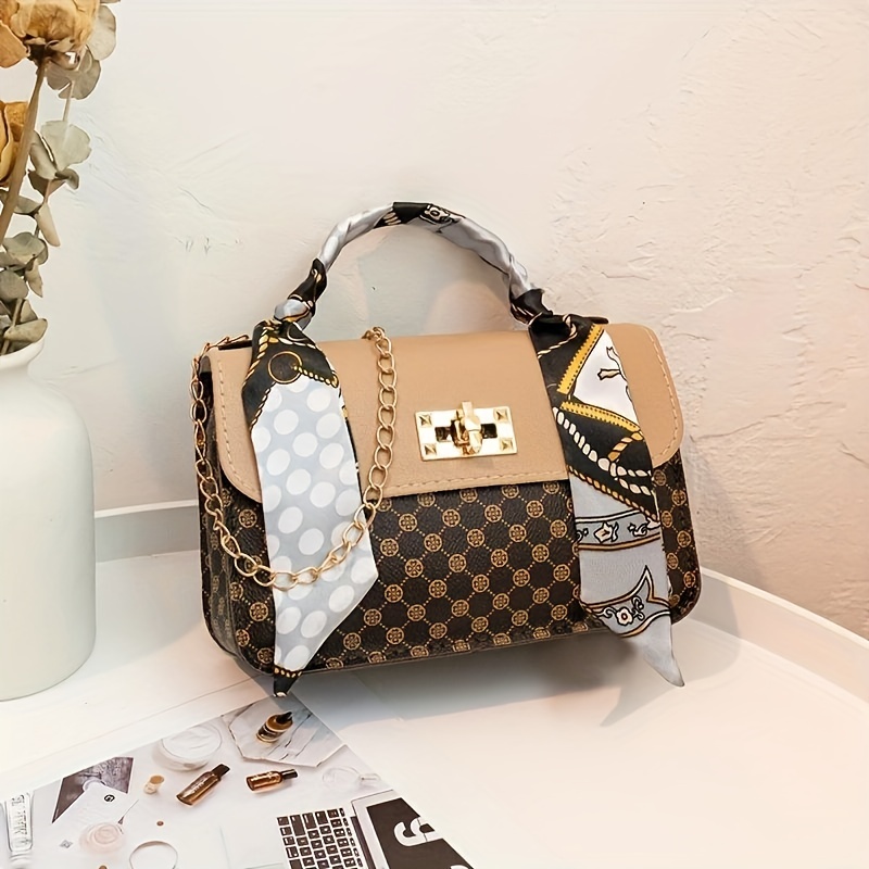 Mini Scarf Decor Crossbody Bag, Women's Polka Dot Print Handbag, Trendy Top  Handle Square Purse - Temu Austria