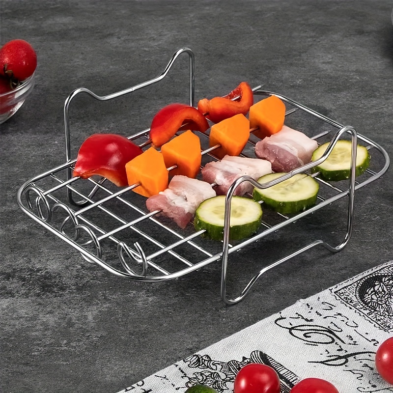 Multifunctional Air Fryer Accessories - Stainless Steel Double-Layer Grill  Steaming Rack with 1 Shelf and 4 Skewers for Perfectly Cooked Meals