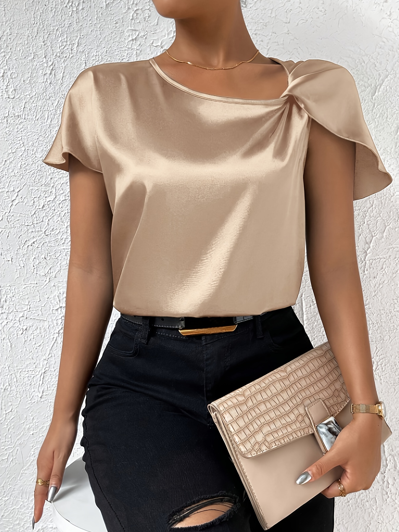 Women's Elegant Cowl Neck Tops Solid Draped Work Blouses Satin Silk Lantern  Long Sleeve Shirt (Apricot,Small,Small) at  Women's Clothing store