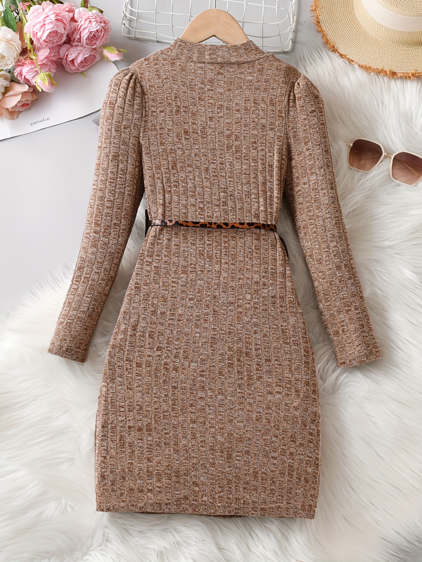 Elegant Dress Outfits Ribbed Knit Dress + Leopard Print Bag - Temu