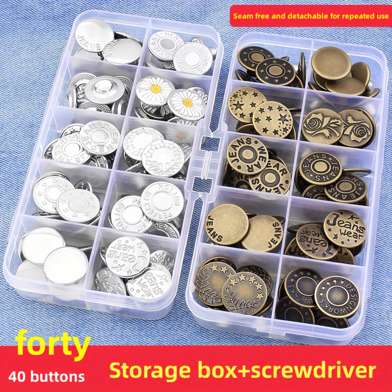 8 Sets Replacement Jean Buttons,No Sew Removable Metal Button for  Jeans,17mm Button Repair Kit with Screwdriver in Plastic Storage Box.Fit  for Any