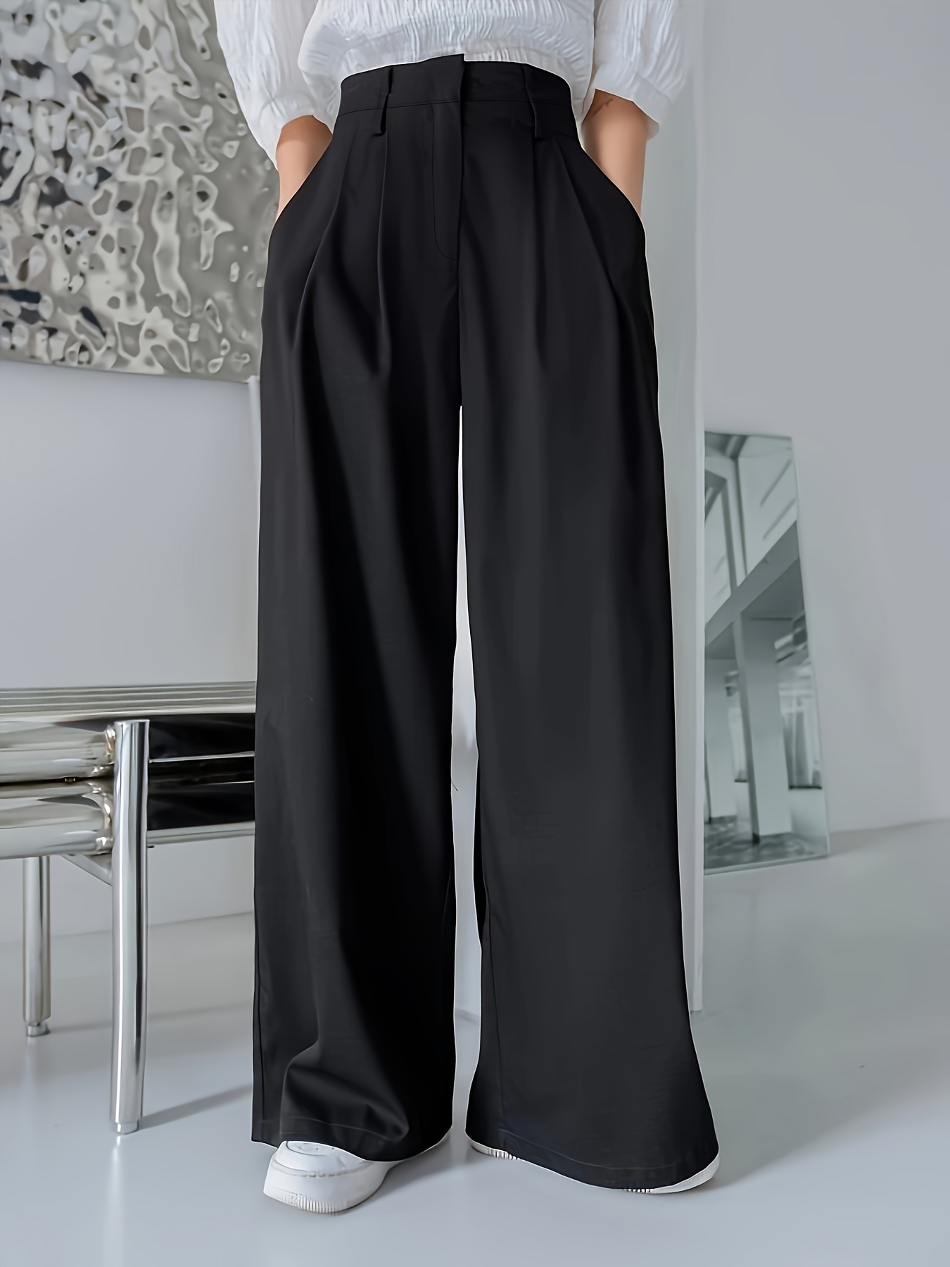Stretchy High Waist Wide Leg Pants Casual Black Ankle Length