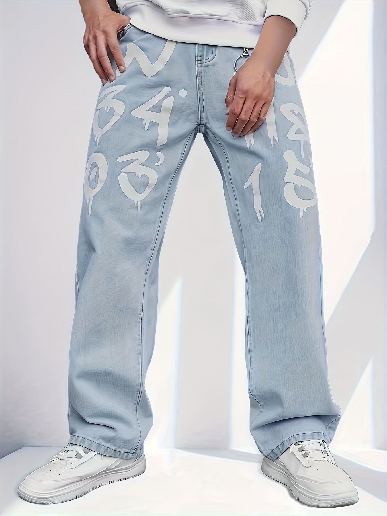 Letter Print Baggy Jeans, Men's Casual Street Style Loose Fit Jeans