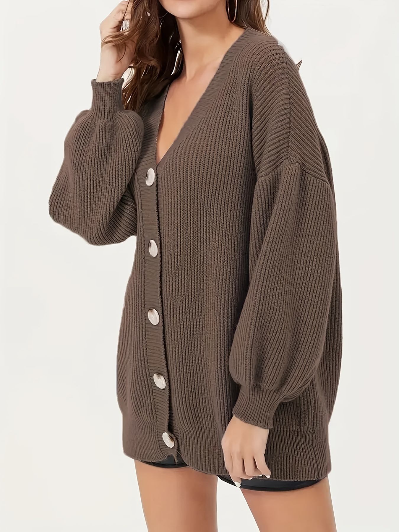 Lantern Sleeve Oversized Cardigan V Neck Button Loose Casual Temu