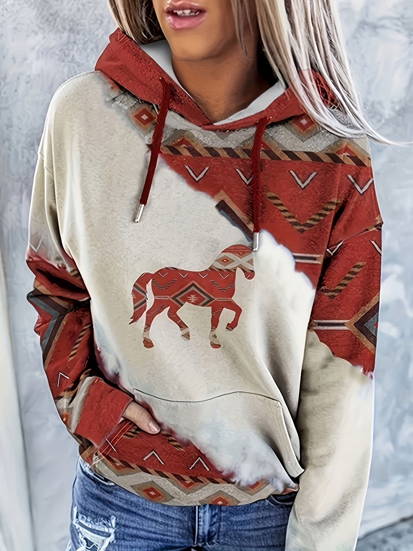 Women's Geometric Horse Print Aztec Hoodie Pullover Cowgirl Western Ethnic  Style Printed Hooded Sweatshirt 