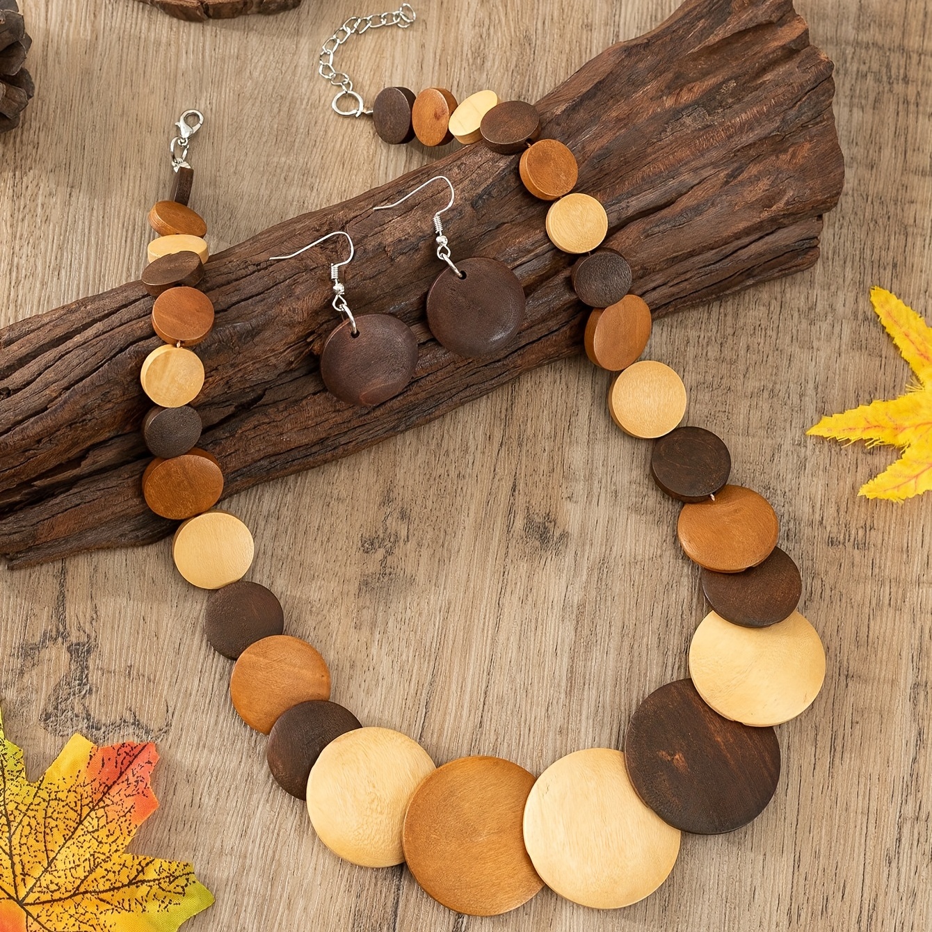 

3pcs Earrings Plus Necklace Boho Style Jewelry Set Made Of Wooden Plate Match Daily Outfits Link To The Mother Nature