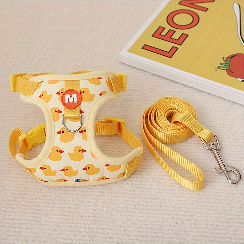 TEMU Cartoon Duck Print Pet Harness Dog Traction Rope Escape Proof Breathable Mesh Dog Vest Harness With Walking Leash