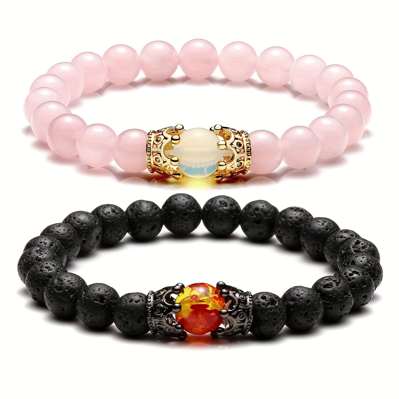 Crown Beaded Bracelet Men Women,8mm Energy Healing Gemstone Beads  Friendship Bracelet Charms 2Pcs