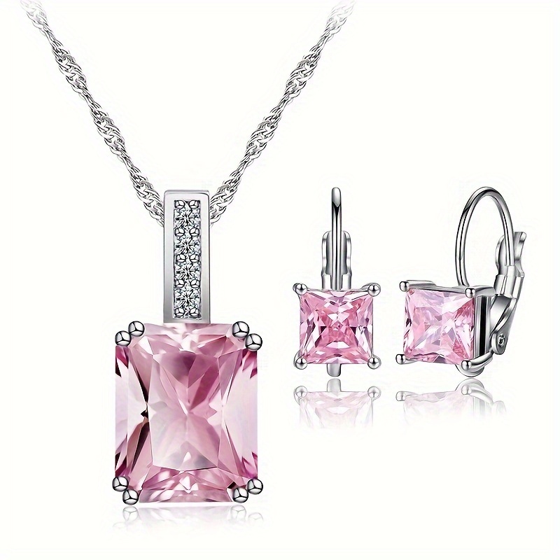 

Pinkish Square Zirconia Decor Jewelry Set Earrings Necklace Set Valentine's Day Gift Elegant Minimalist Style 18k Gold Plated Jewelry Set For Daily And Party Wearing