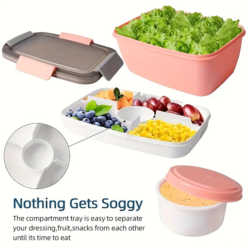 Salad Lunch Container 2L Large Capacity BPA Free Salad Lunch Box with 4 Compartments Tray Leak-Proof Portable Salad Bowl with Fork for School Office
