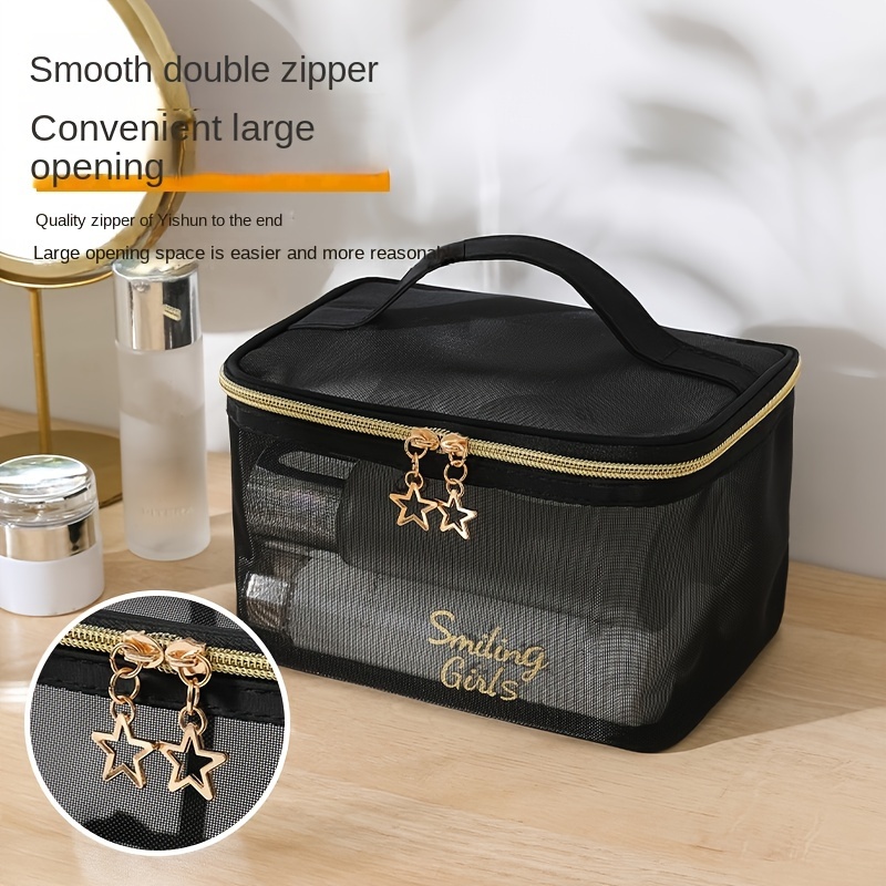 Mesh Net Makeup Bag, Large Capacity Cosmetic Bag, Travel Toiletry Bag,  Brush Storage Bag With Handle