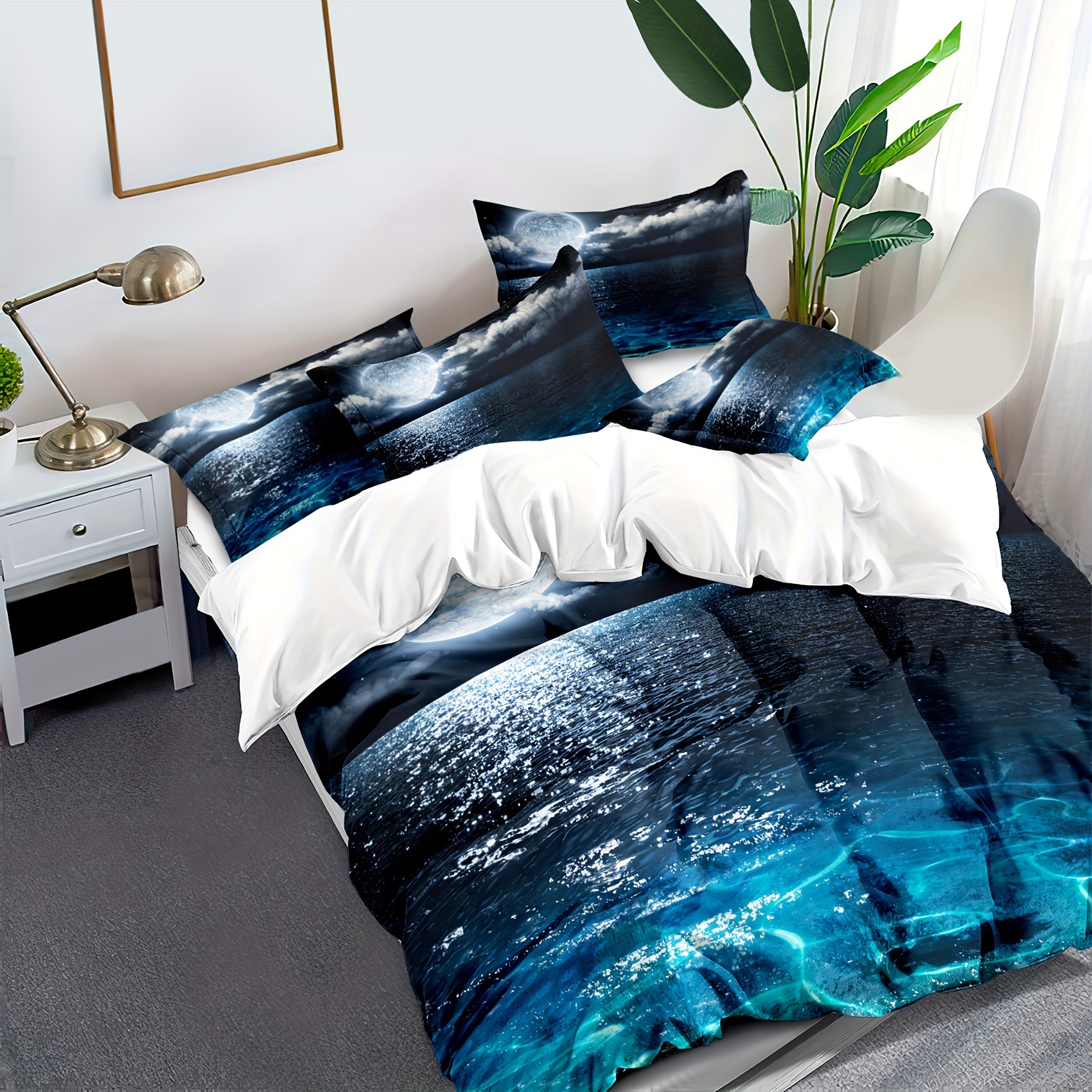 TEMU Housse de Couette Moderne et Simple avec Paysage Marin , Housse de Couette en Polyester Lavable Douce et Confortable Ensemble Deux/Trois Pièces