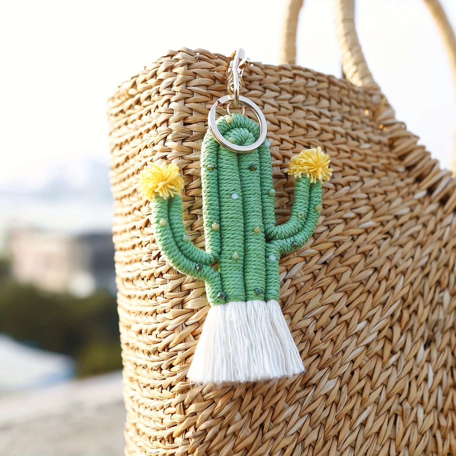 

Men's Fashion Green Plant Cactus Keychain, Bohemian Rice Beads Hand-woven Handmade Luxury Bag Pendant For Men