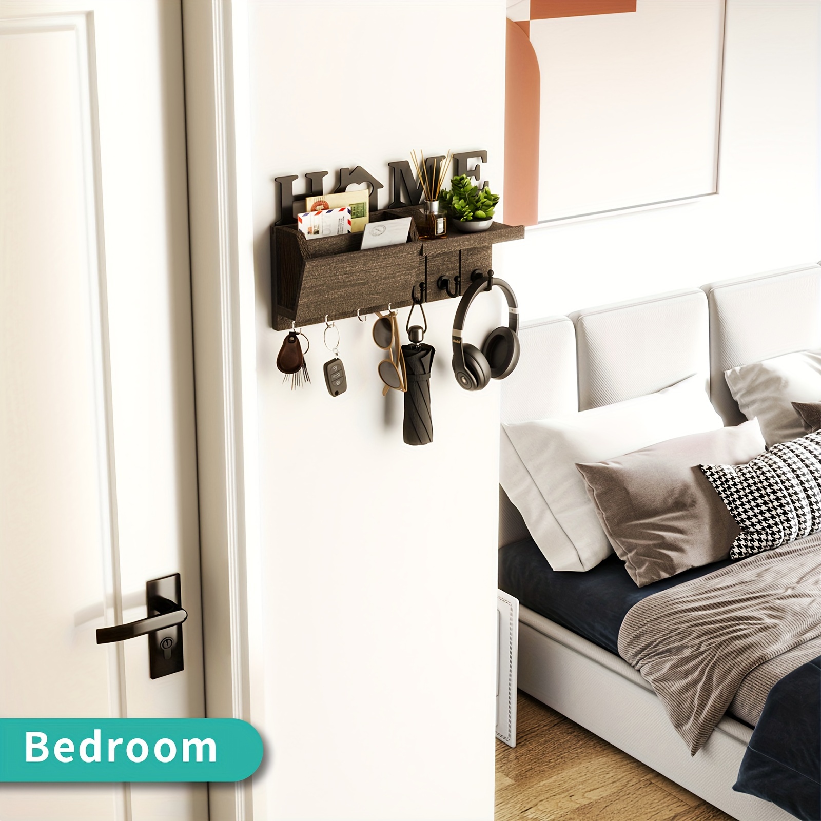 Wooden Wall-Mounted Key Holder Set with 7 Hooks for Keys and Mail