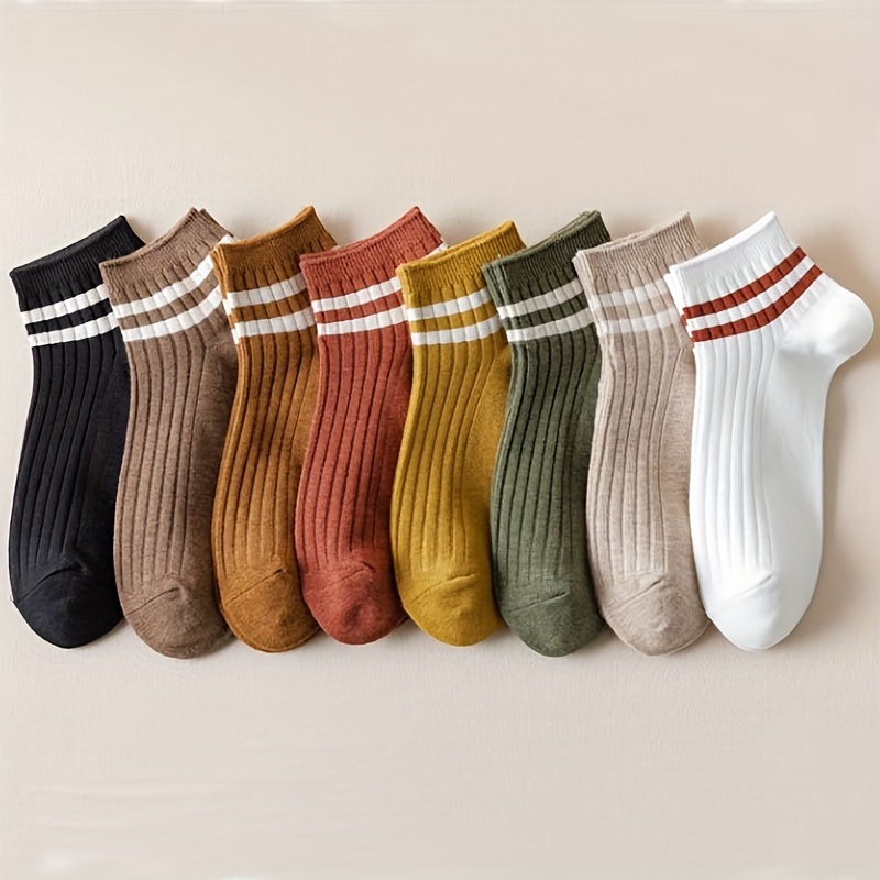 

4 Pairs Stripe Print Ribbed Short Socks, Breathable & Comfy Elastic Ankle Socks, Women's Stockings & Hosiery