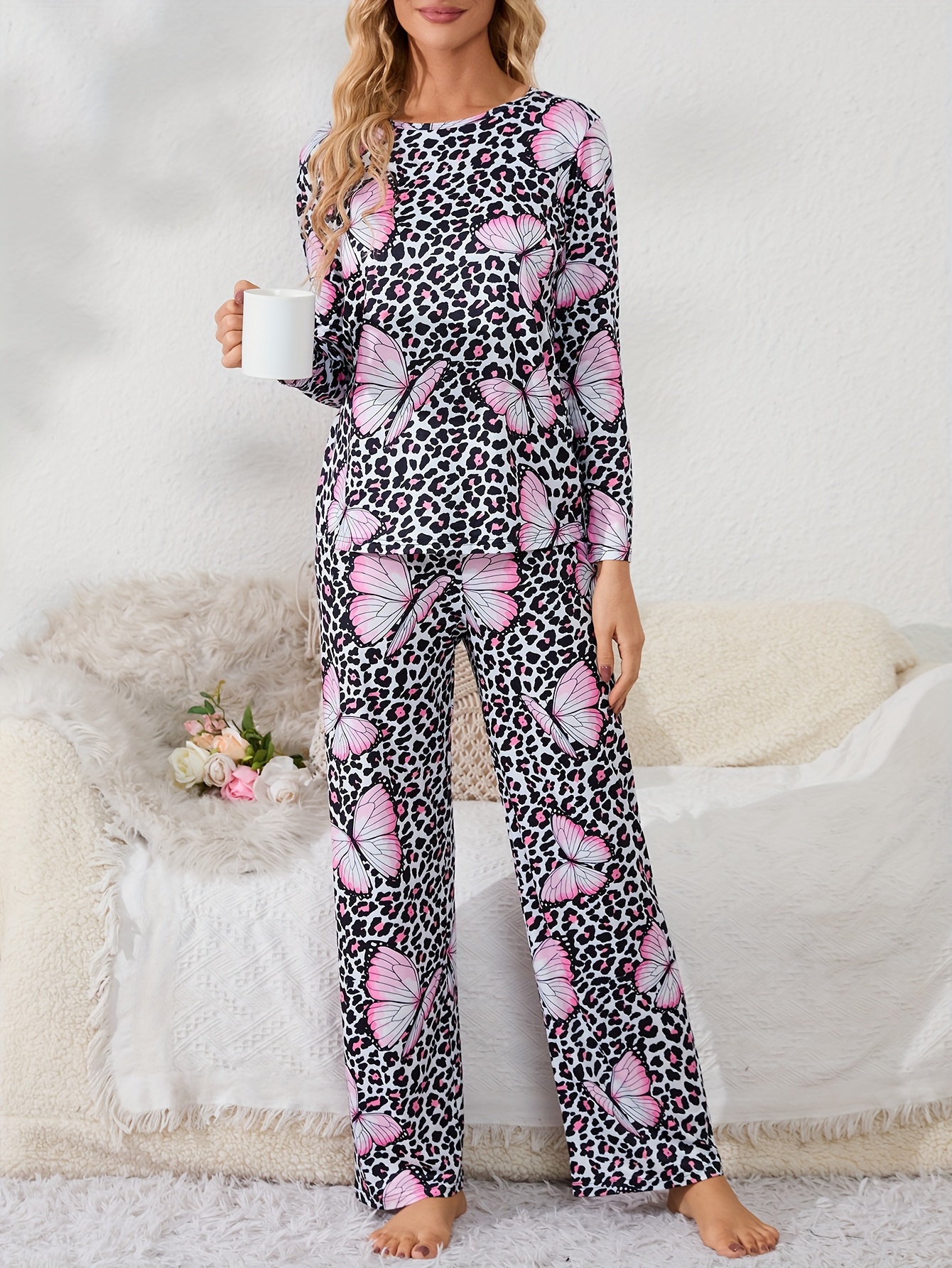 Butterfly Print Leopard Pajama Set Long Sleeve Crew Neck Top Temu