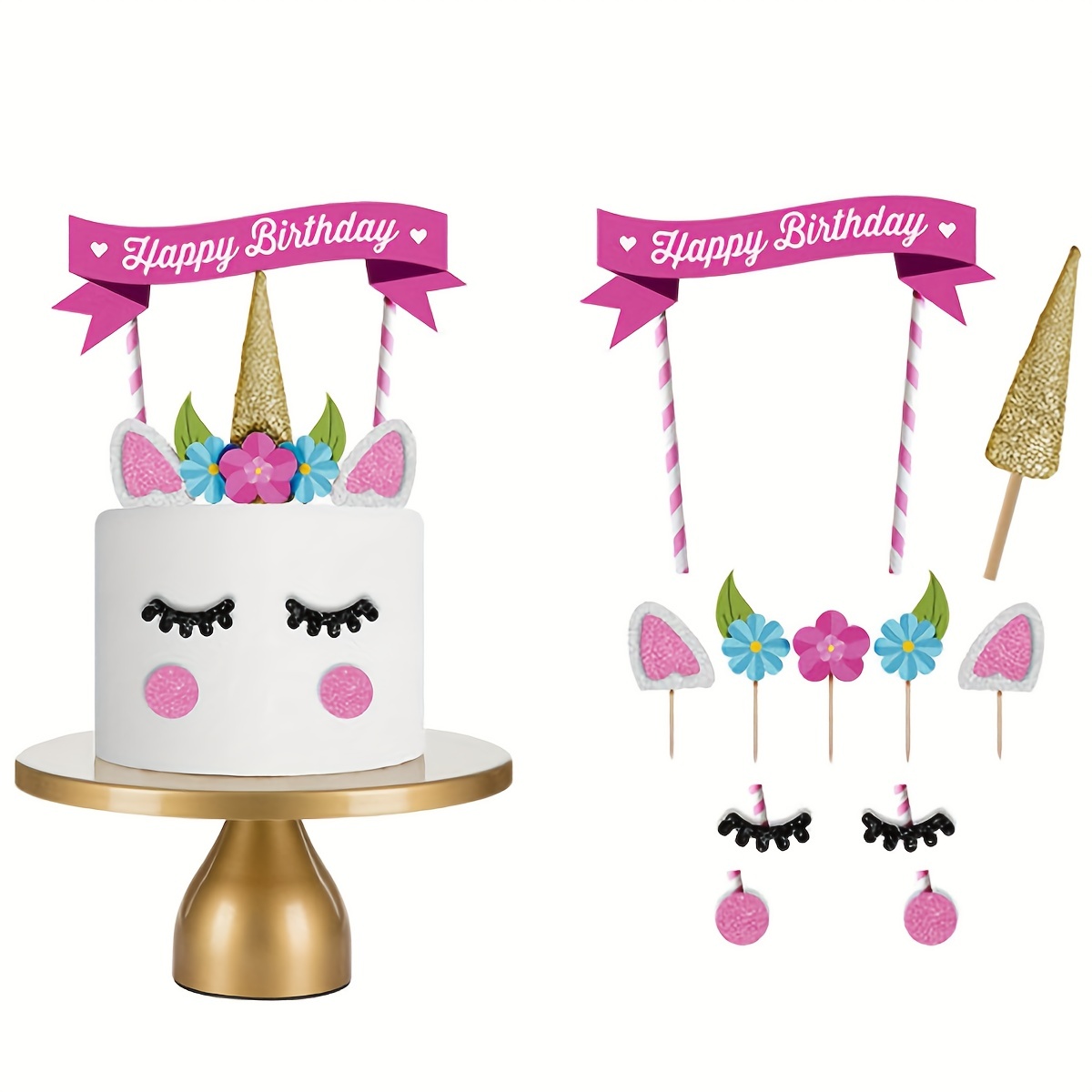  Decoración para tartas de cumpleaños con temática de unicornio,  suministros de decoración de fiesta de cumpleaños para niños, mujeres u  hombres, baby shower, fiesta de primer cumpleaños, oro rosa y plata 