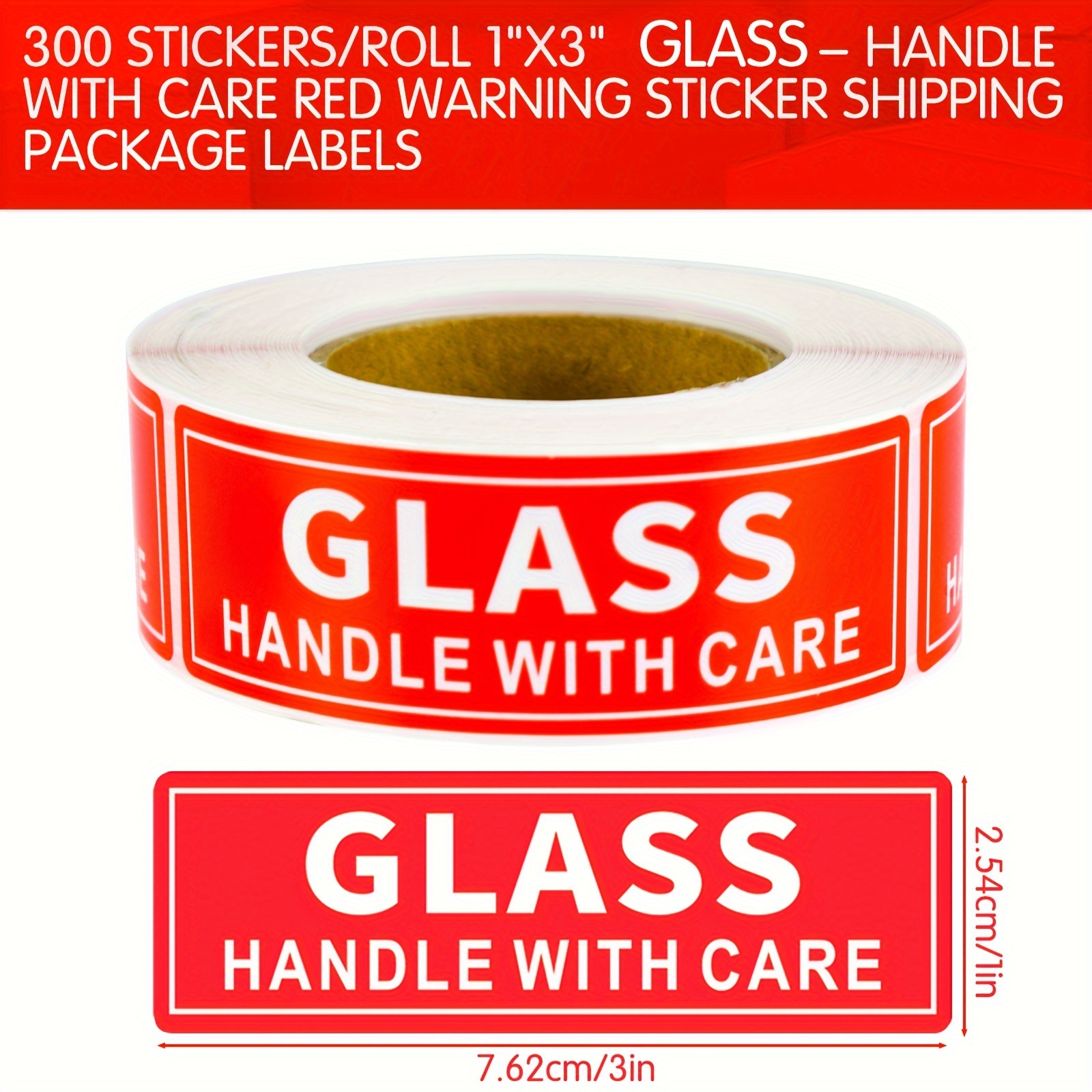 

300pcs, 1 Roll, 1*3in, "glass, Handle With Care Red", Warning Stickers, Box Packaging Adhesive Warning Labels, Transport Warning Stickers, Non-bendable Label Stickers