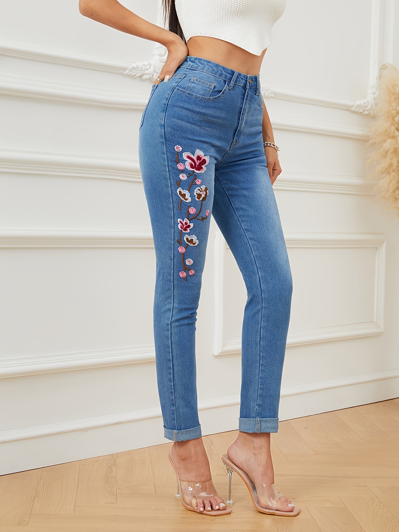 Waisted Stretch Jean Leggings Lace Trin Elastic Sliming Cropped