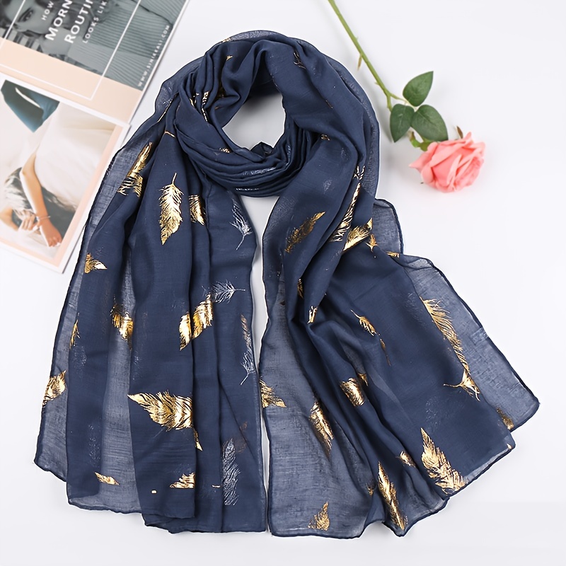 1pc Women's Elegant Feather-Printed Golden Scarf - Lightweight & Windproof Shawl Wrap for Casual Outings, Machine Washable Fashion Accessory, Scarf for Hair, Stylish Hair Wrap, Sophisticated Print, Easy Care Material, Soft Fabric, Outdoor Wear