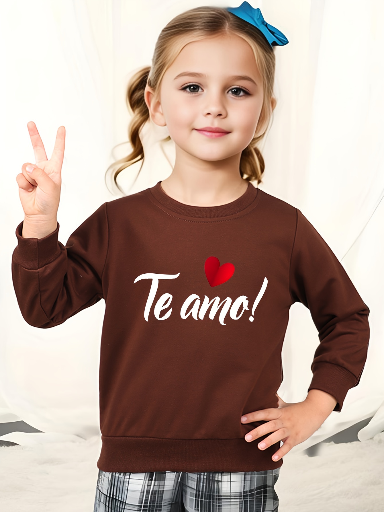 Cotton Round Neck Sweatshirt Te Amo Print Little Girls Comfy - Temu ...