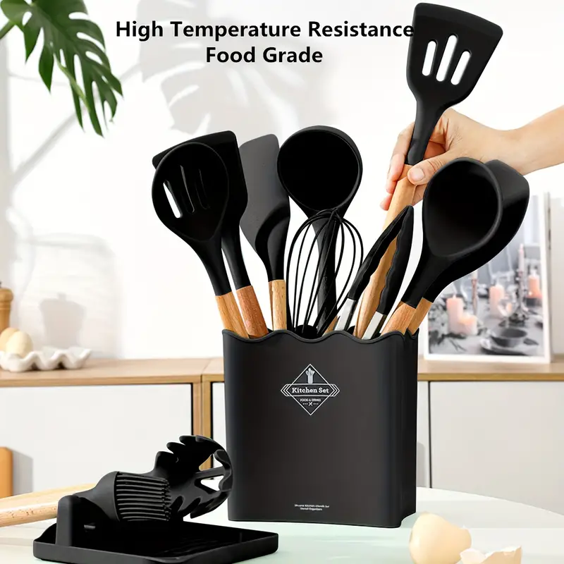 16pcs set silicone cooking utensils set heat resistant kitchen utensils turner tongs spatula spoon brush spoon rest wooden handle kitchen cooking utensils with holder for nonstick cookware dishwasher safe bpa free chrismas halloween gifts details 1