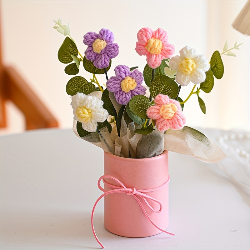 E-shop 1 Stück Strick Puff-Eimer mit Blumenmuster und Griff, geeignet als Muttertag, Lehrertagsgeschenk, Home- und Büro-Desktop-Dekoration,