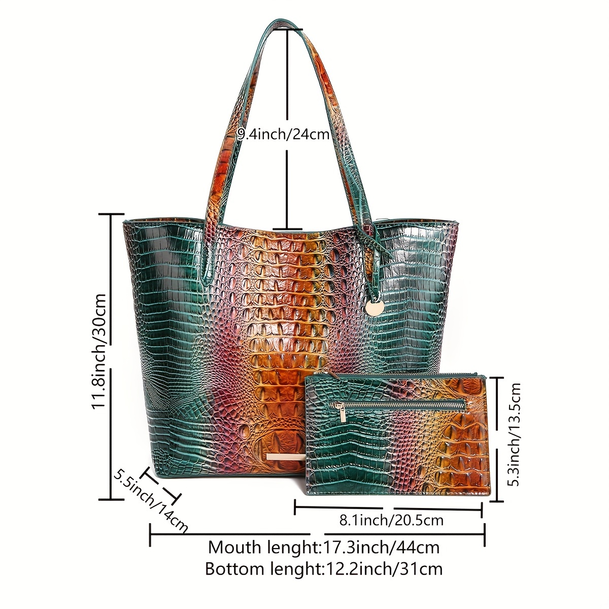 crocodile pattern glossy large capacity tote bag with clutch purse pu leather textured shoulder bag casual versatile commuter bag details 3