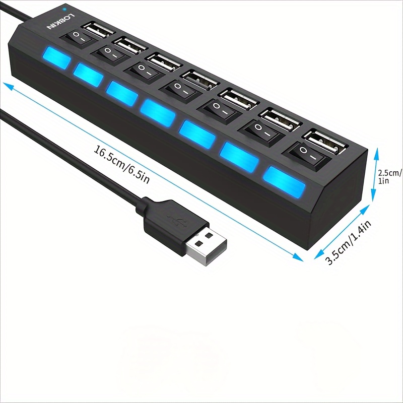 Multi Port Splitter, 7 Port USB 2.0 Hub, USB A Port Data Hub with  Independent On/Off Switch and LED Indicators, Lights for Laptop, PC,  Computer