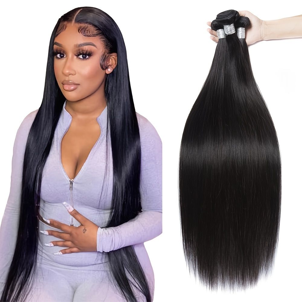 3pc Natural Human Hair Bundles Weave Natural Straight Remy Hair Extensions  Unprocessed Remy Straight Human Hair - Beauty & Personal Care - Temu