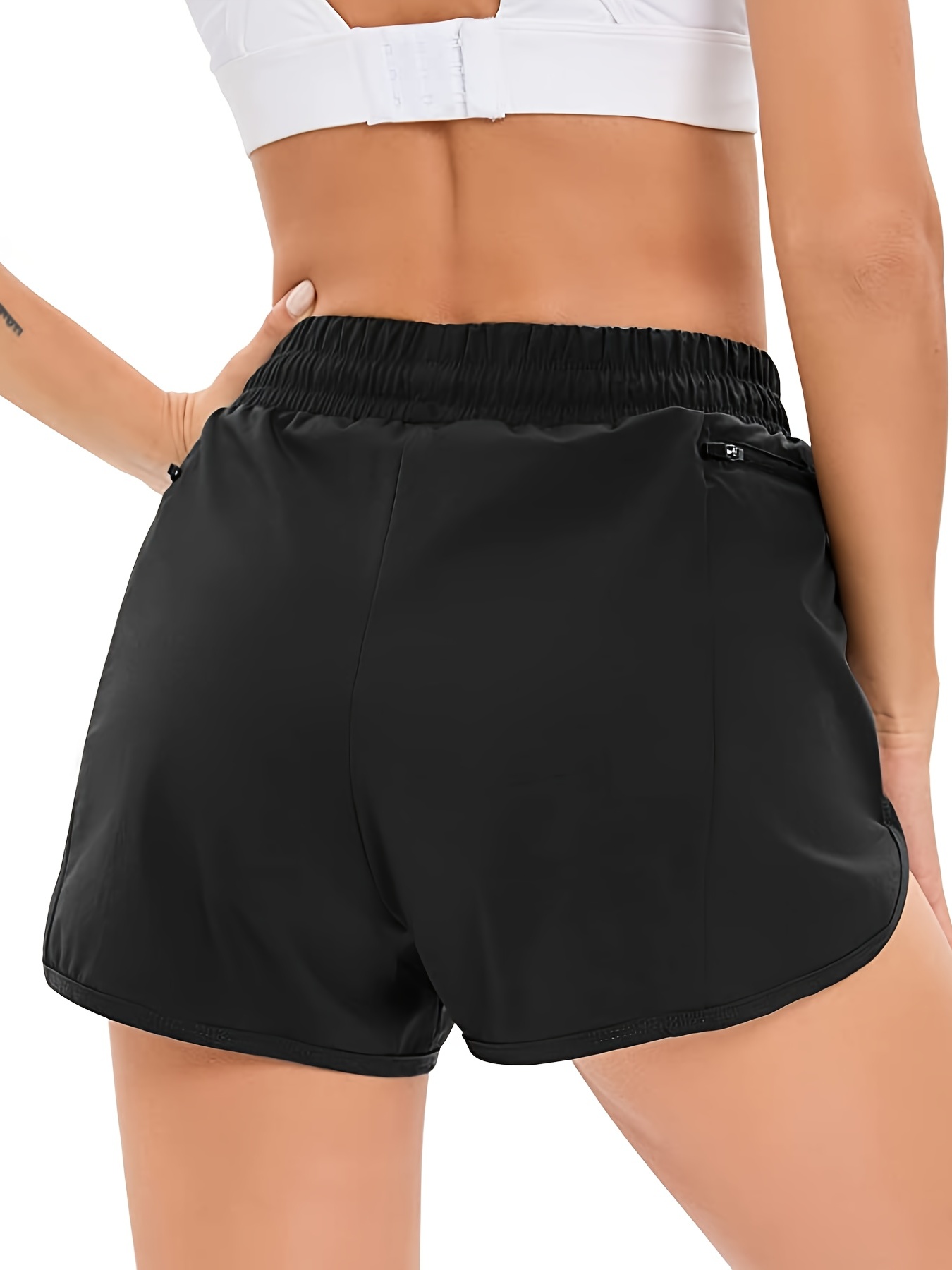 Black 2-in-1 Running Shorts, High Waist Side Zippered Pockets Outdoor  Sports Shorts, Women's Activewear