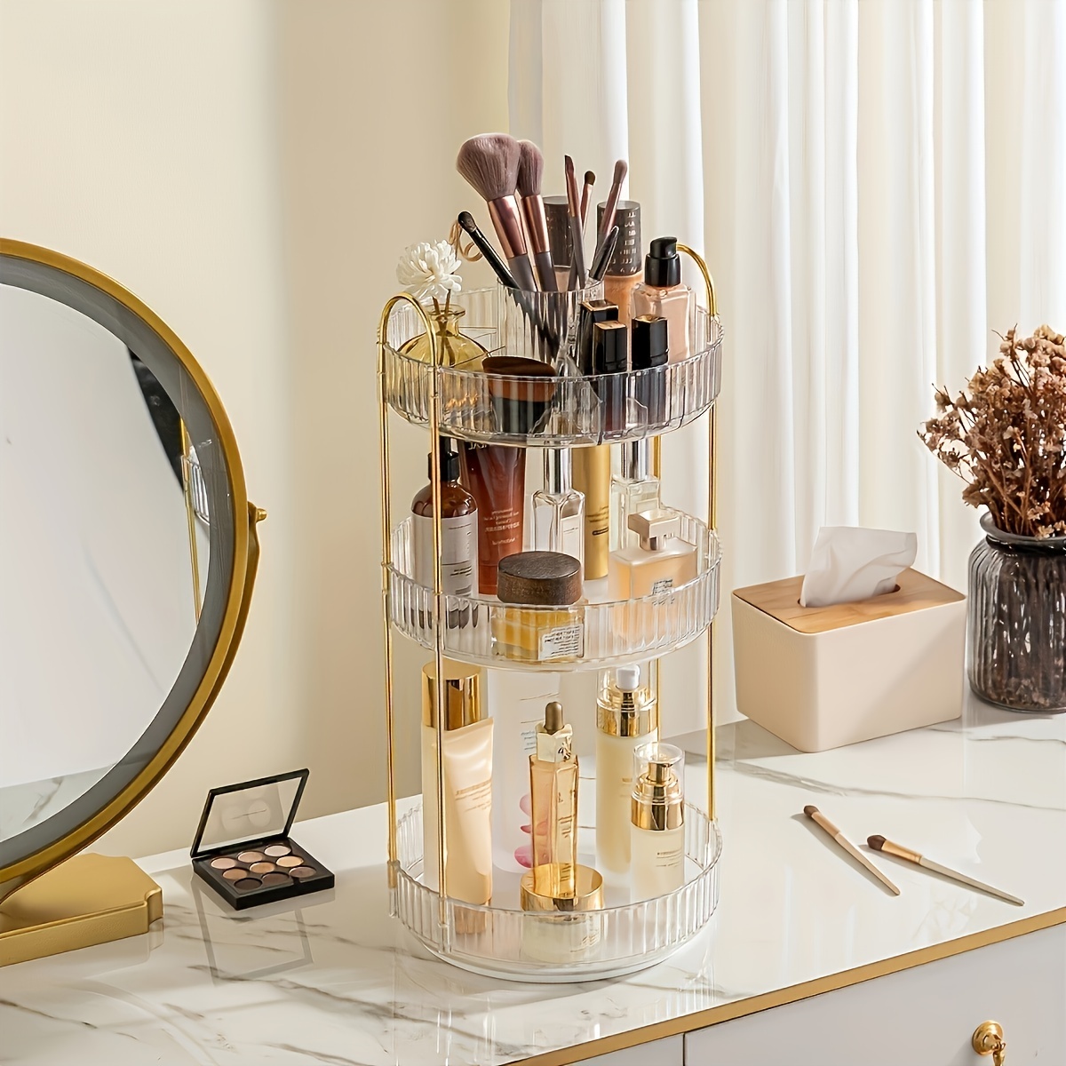Rotating Makeup Organizer for Vanity 3 Tier, High-Capacity Skincare Clear  Make Up Storage Perfume Organizers Cosmetic Dresser Organizer Countertop  360 Spinning （Gold） 