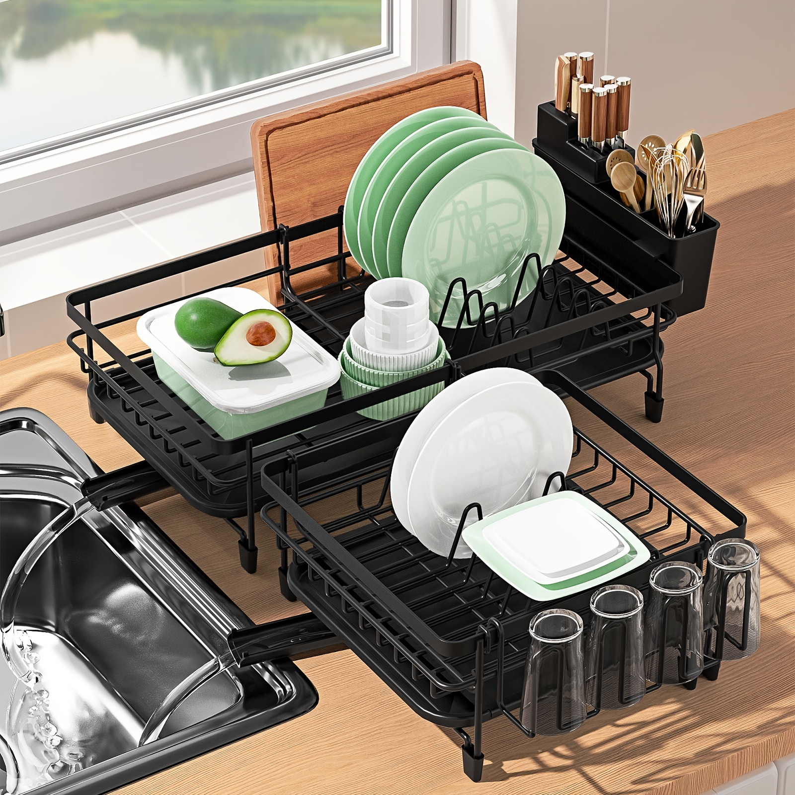 Over Sink Dish Drying Rack Display With Utensil Holder And Utensil Sponge  Holder, Large-capacity Dish Drying Rack, Space-saving, Kitchen Accessories  - Temu