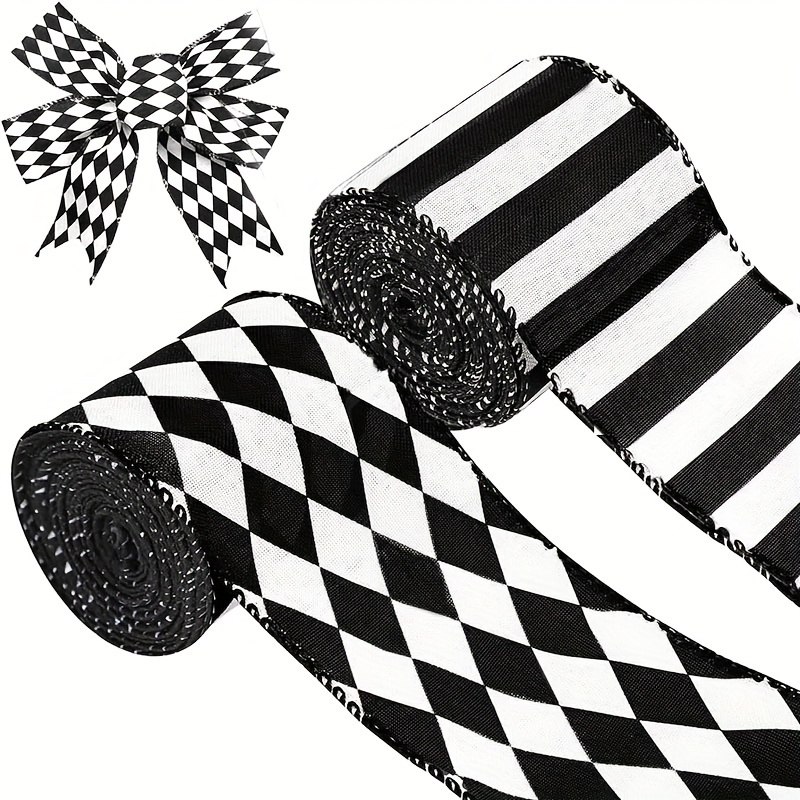 2 Rolls Black and White Christmas Checkered Ribbon Christmas