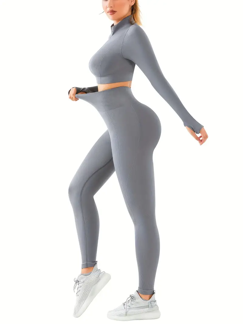 2pcs Yoga Workout Set, Long Sleeve Stand Up Collar Top & High Waist Sports  Leggings Suit, Women's Activewear