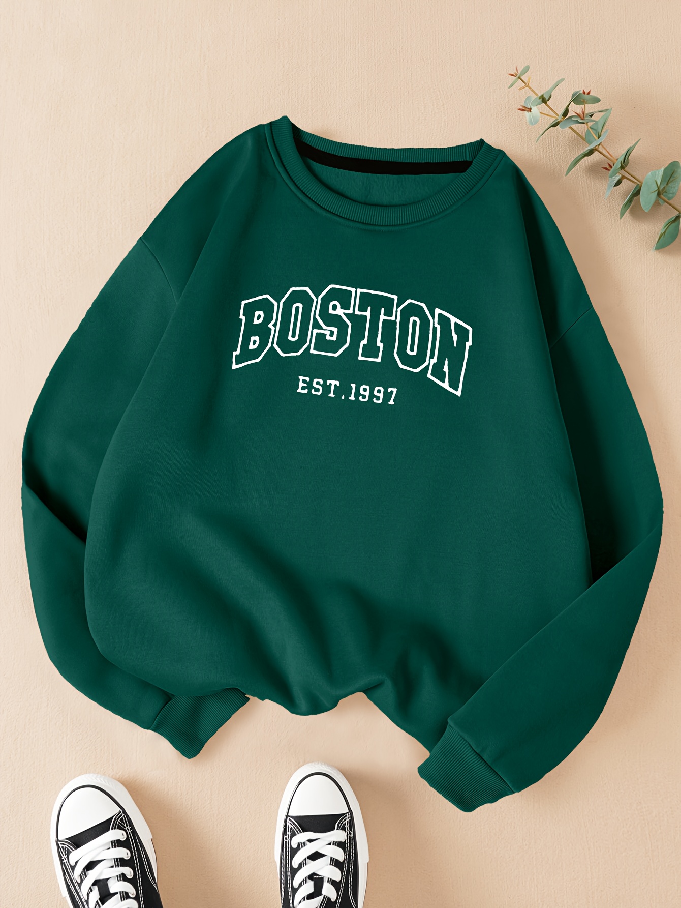 Boston Letter Print Solid Pullover, Crew Neck Long Sleeve Casual