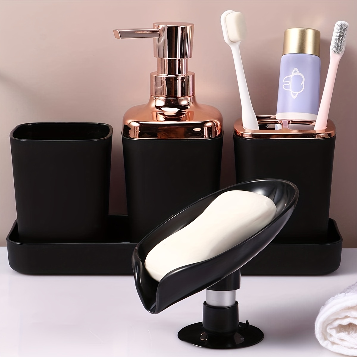  AWJ Dispensador de jabón para baño de 5 piezas de accesorios de  baño, juego de decoración de baño, incluye dispensador de jabón, soporte  para cepillo de dientes, vaso, jabonera, boda, inauguración