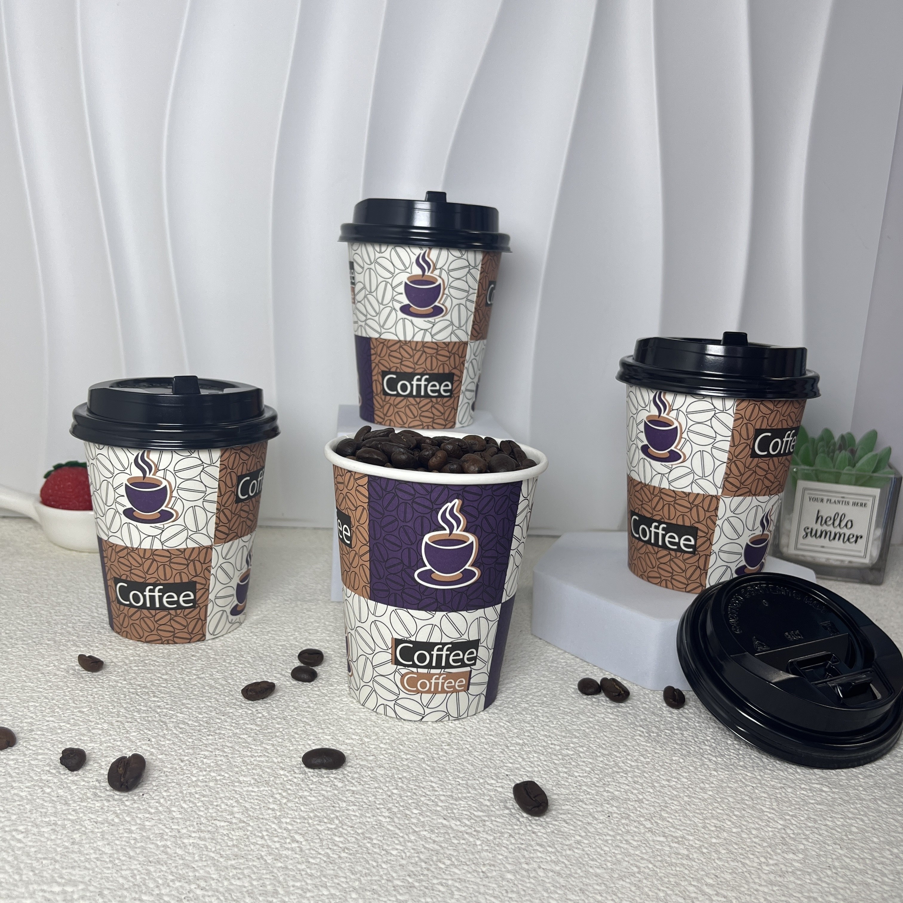 [Paquete de 100] Tazas de café de papel desechables de 8 onzas con tapas  negras, tazas de café para llevar con tapas para bebidas frías y calientes