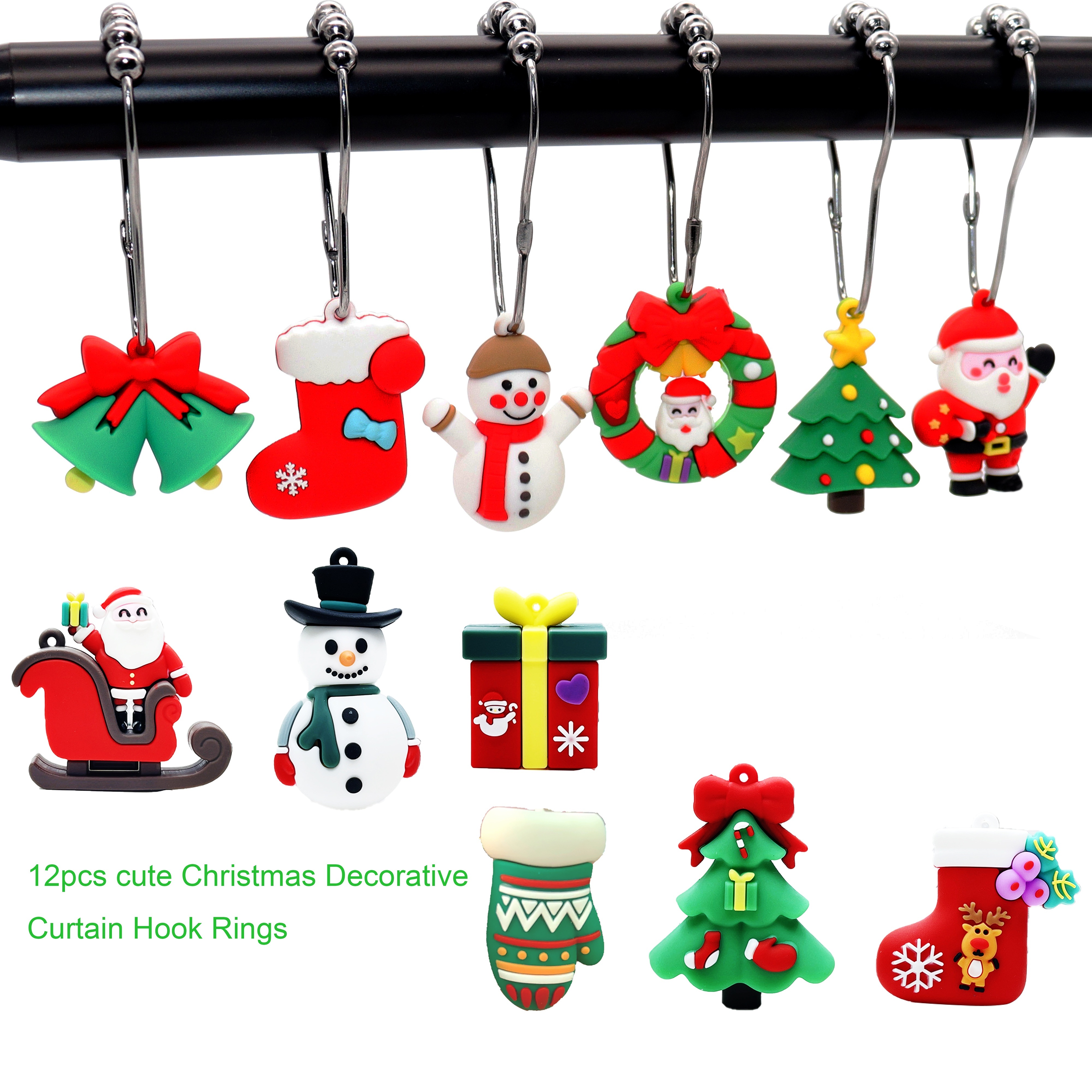 12pcs Silicone Christmas Decorative Shower Curtain Hook, Chrome Cast Iron  Roller Ball Hook, Creative Cartoon Shower Curtain Hook Ring, Christmas