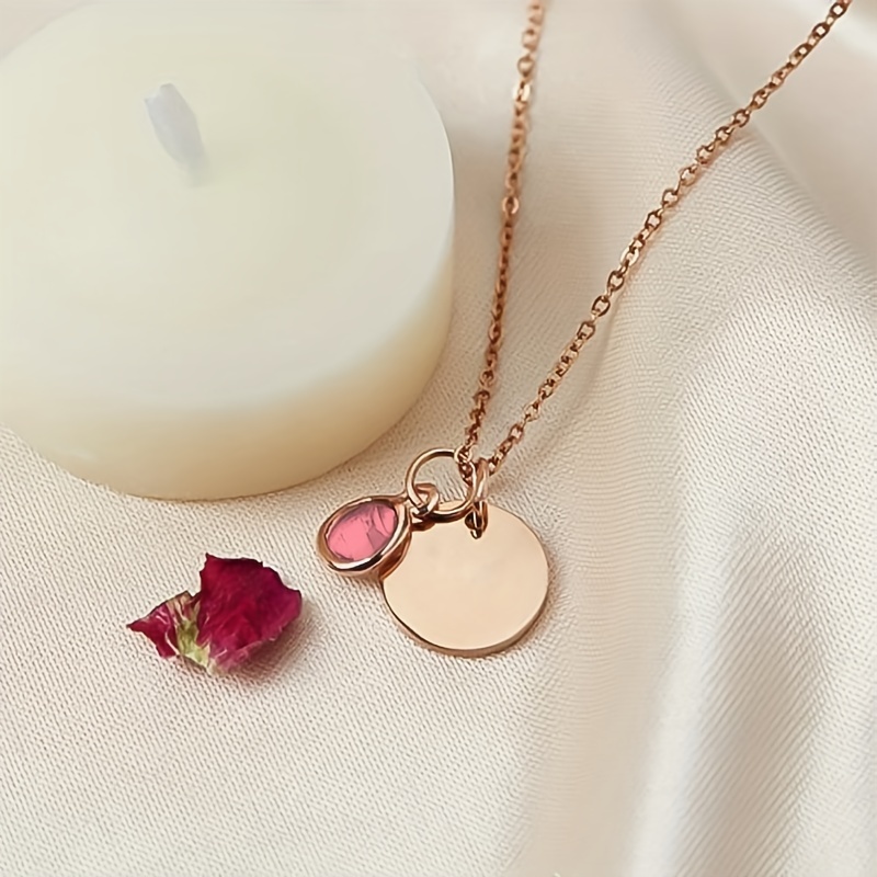 TEMU Personalized Custom Laser Engraved Name And Anniversary Stainless Steel Round Pendant Necklace Birthstone Pendant Clavicle Chain Women's Jewelry