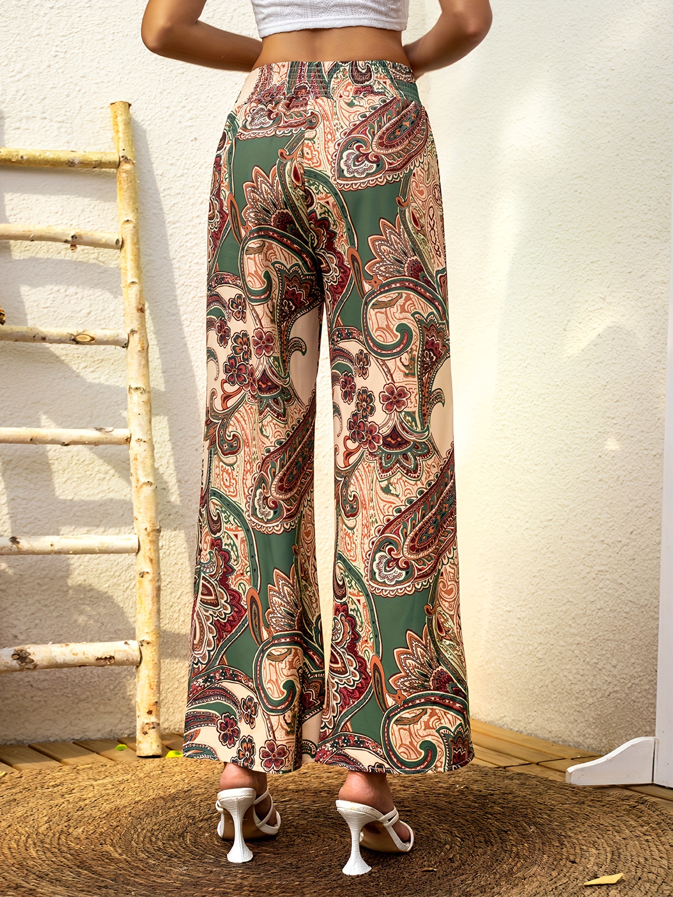 Pantalones de pierna ancha con estampado de Paisley bohemio, Pantalones elásticos con cordón bohemio, Ropa de Mujer,Pantalones anchos Mujer