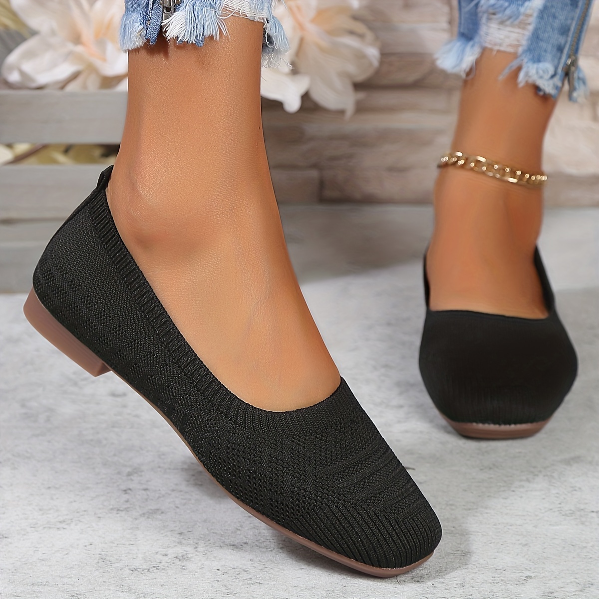 Women's Breathable Knit Flat Shoes Casual Square Toe Slip - Temu