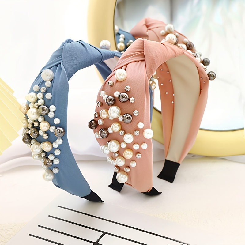 Solid Fabric Knotted Headband with Faux Pearl Hair Bow