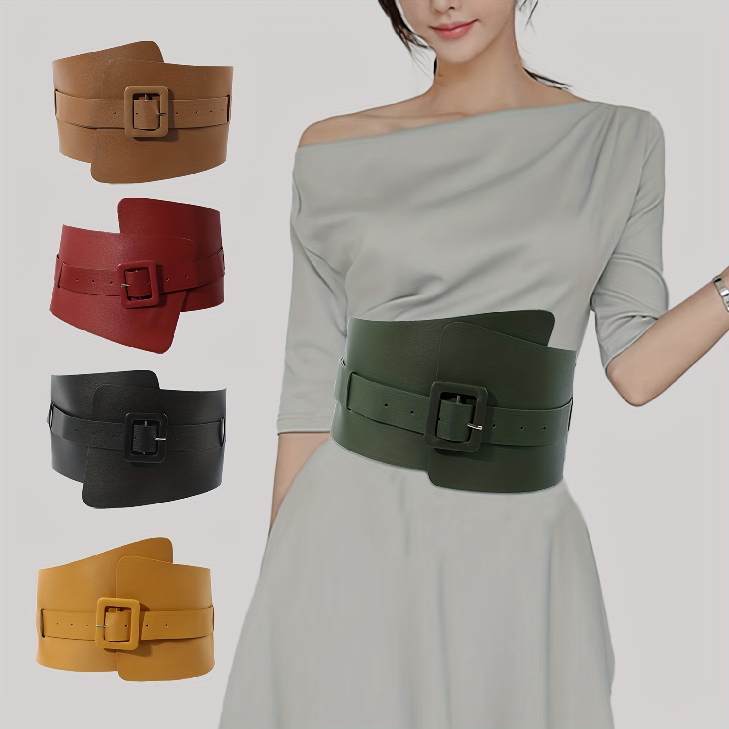 Large Square Buckle Wide Belts Classic Solid Color Elastic