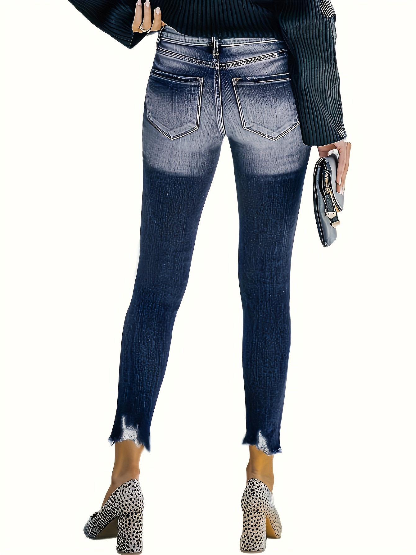 Blue Ripped Holes Cropped Jeans, Slim Fit Slant Pockets High-Stretch  Versatile Cropped Denim Pants, Women's Denim Jeans & Clothing