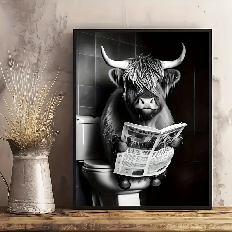Funny Highland Cow Watch Newspaper In Toilet Canvas Print, Canvas ...