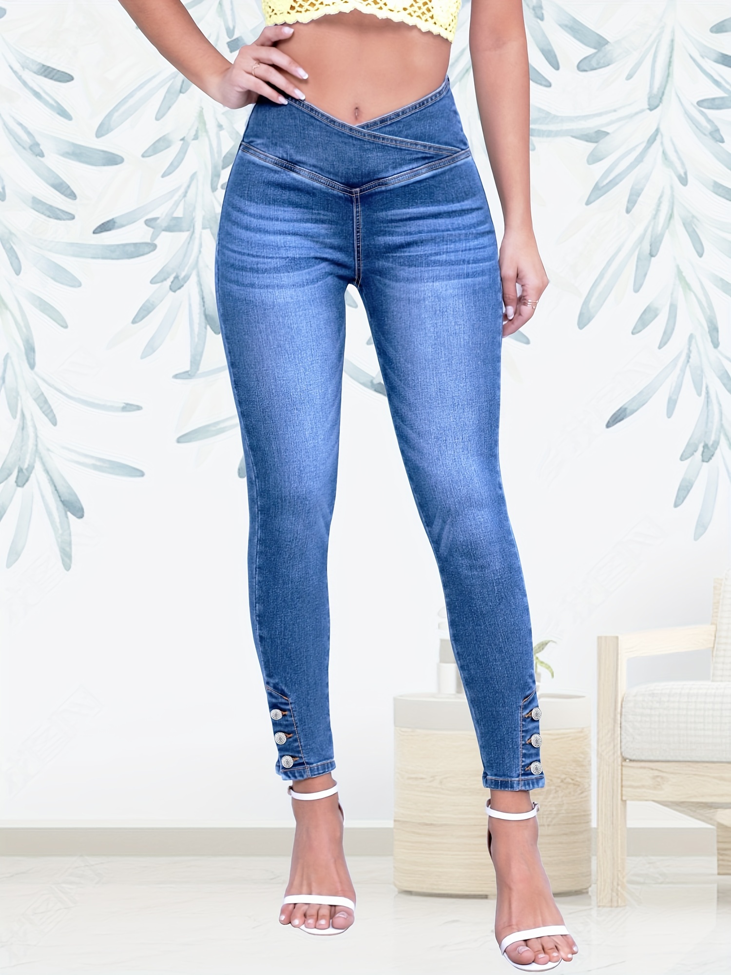 Single Breasted Button Washed Skinny Jeans High Waist Slant - Temu